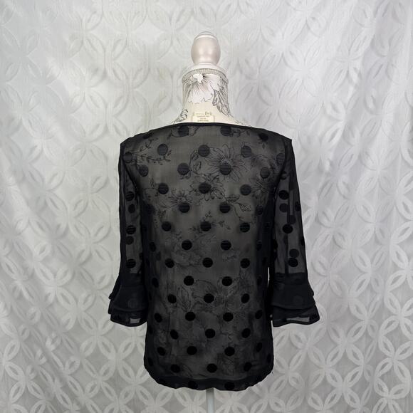 Kate Spade Silk Sheer Polka Dot Evi Flutter Sleeve Black Top Size 00 - Picture 2 of 12